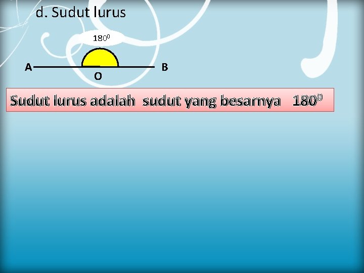 d. Sudut lurus 1800 A O B Sudut lurus adalah sudut yang besarnya 1800