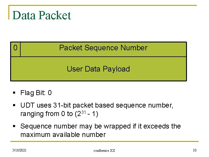Data Packet 0 Packet Sequence Number User Data Payload § Flag Bit: 0 §