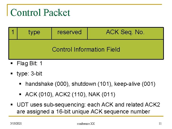 Control Packet 1 type reserved ACK Seq. No. Control Information Field § Flag Bit: