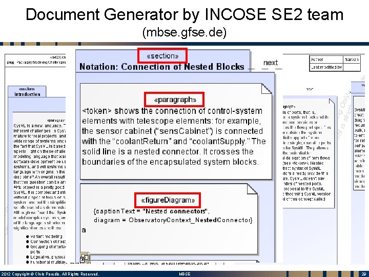 Document Generator by INCOSE SE 2 team (mbse. gfse. de) 2012 Copyright © Chris