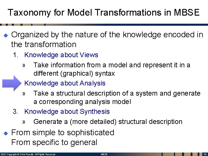 Taxonomy for Model Transformations in MBSE u Organized by the nature of the knowledge Taxonomy for Model Transformations in MBSE u Organized by the nature of the knowledge