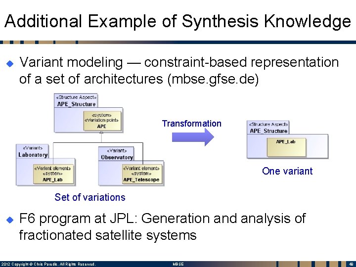 Additional Example of Synthesis Knowledge u Variant modeling — constraint-based representation of a set Additional Example of Synthesis Knowledge u Variant modeling — constraint-based representation of a set