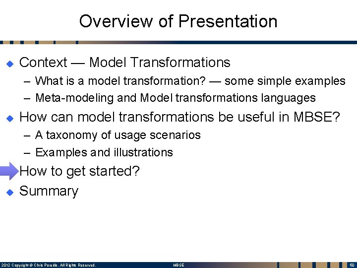 Overview of Presentation u Context — Model Transformations – What is a model transformation?