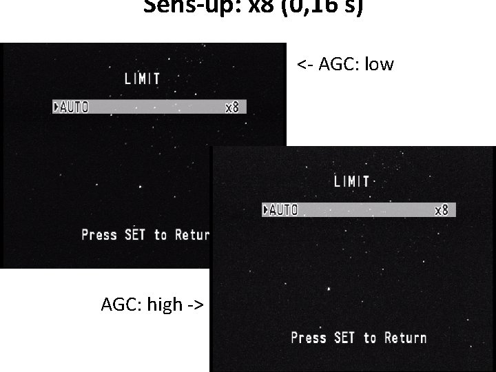 Sens-up: x 8 (0, 16 s) <- AGC: low • AGC: high -> 