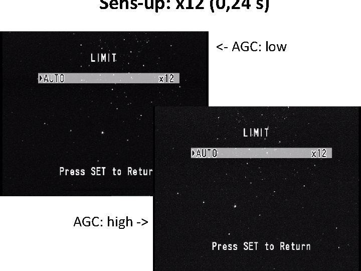 Sens-up: x 12 (0, 24 s) <- AGC: low • AGC: high -> 