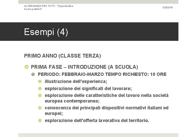 ALTERNANZA PER TUTTI - "Opportunità e buone pratiche" 03/03/16 Esempi (4) PRIMO ANNO (CLASSE