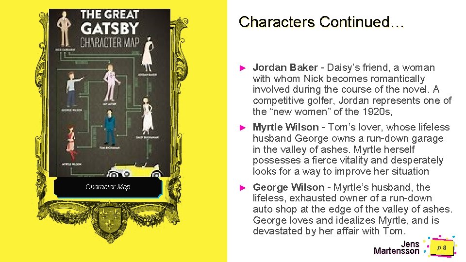 Characters Continued… Character Map ► Jordan Baker - Daisy’s friend, a woman with whom