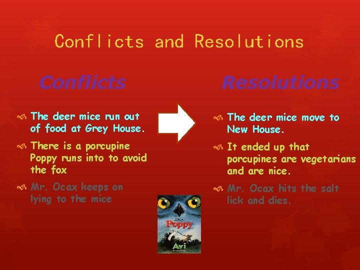 Conflicts and Resolutions Conflicts Resolutions The deer mice run out of food at Grey