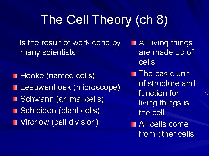 The Cell Theory (ch 8) Is the result of work done by many scientists: