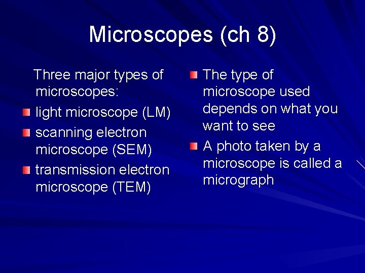 Microscopes (ch 8) Three major types of microscopes: light microscope (LM) scanning electron microscope