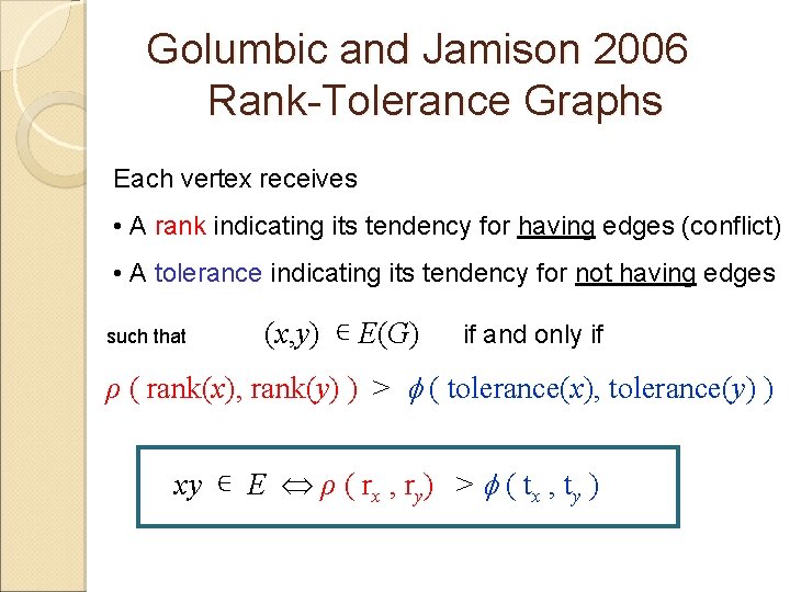 Golumbic and Jamison 2006 Rank-Tolerance Graphs Each vertex receives • A rank indicating its