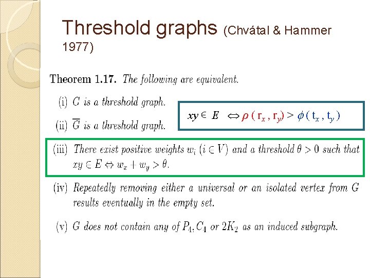 Threshold graphs (Chvátal & Hammer 1977) xy ∊ E ρ ( rx , ry)