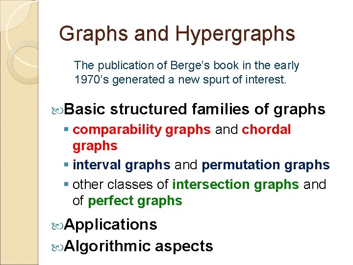 Graphs and Hypergraphs The publication of Berge’s book in the early 1970’s generated a