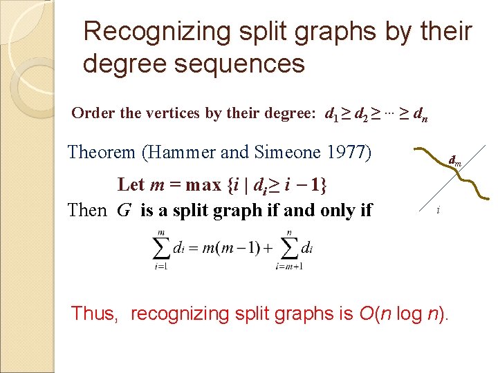 Recognizing split graphs by their degree sequences Order the vertices by their degree: d