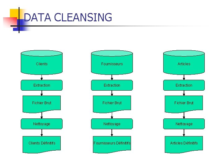 DATA CLEANSING Clients Fournisseurs Articles Extraction Fichier Brut Nettoyage Clients Définitifs Fournisseurs Définitifs Articles