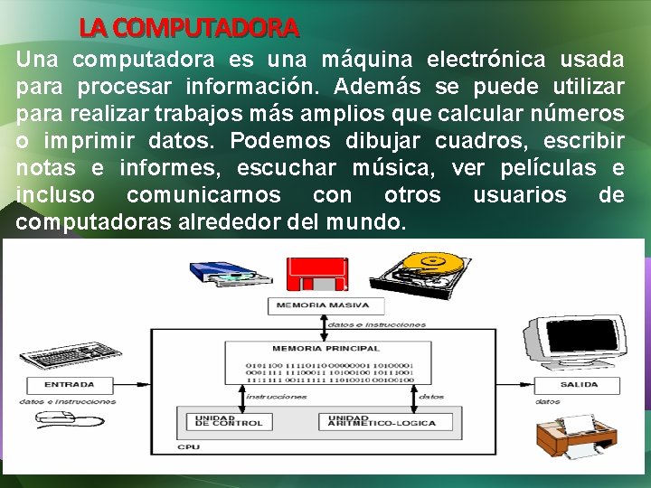 LA COMPUTADORA Una computadora es una máquina electrónica usada para procesar información. Además se