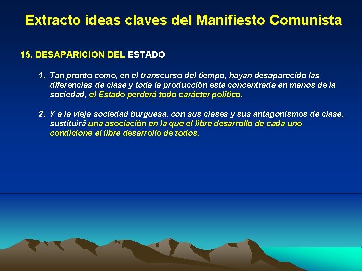 Extracto ideas claves del Manifiesto Comunista 15. DESAPARICION DEL ESTADO 1. Tan pronto como,