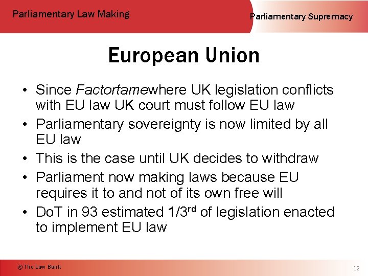 Parliamentary Law Making Parliamentary Supremacy European Union • Since Factortamewhere UK legislation conflicts with