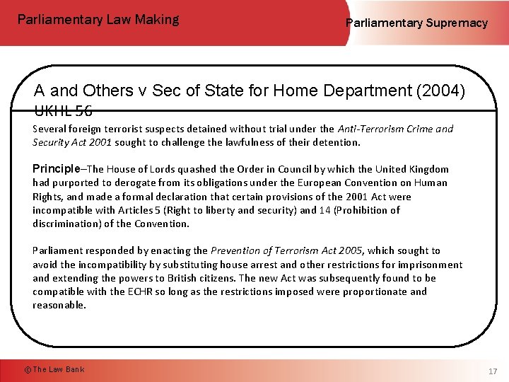 Parliamentary Law Making Parliamentary Supremacy A and Others v Sec of State for Home