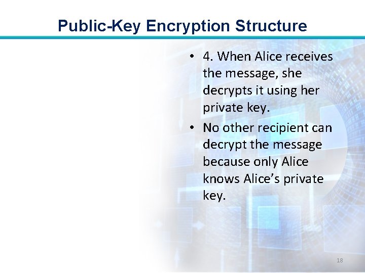 Public-Key Encryption Structure • 4. When Alice receives the message, she decrypts it using