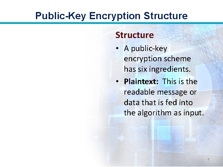 Public-Key Encryption Structure • A public-key encryption scheme has six ingredients. • Plaintext: This