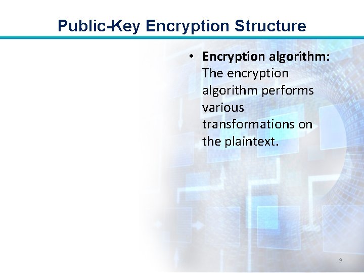 Public-Key Encryption Structure • Encryption algorithm: The encryption algorithm performs various transformations on the