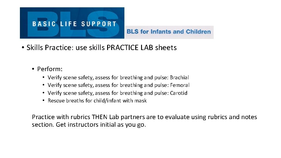  • Skills Practice: use skills PRACTICE LAB sheets • Perform: • • Verify