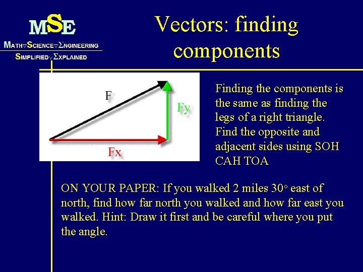 Vectors: finding components Finding the components is the same as finding the legs of