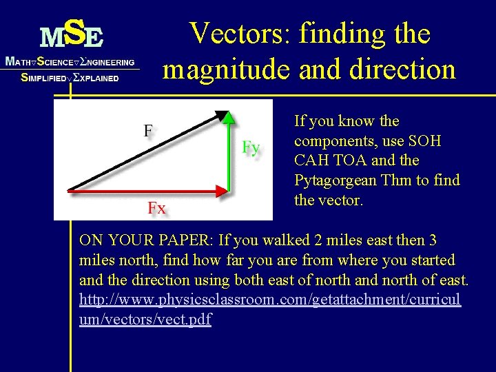 Vectors: finding the magnitude and direction If you know the components, use SOH CAH