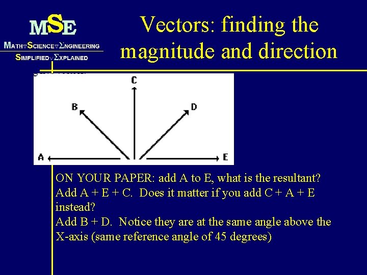 Vectors: finding the magnitude and direction ON YOUR PAPER: add A to E, what