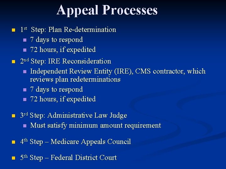 Appeal Processes n 1 st Step: Plan Re-determination n 7 days to respond n