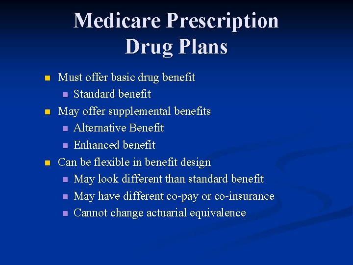 Medicare Prescription Drug Plans n n n Must offer basic drug benefit n Standard