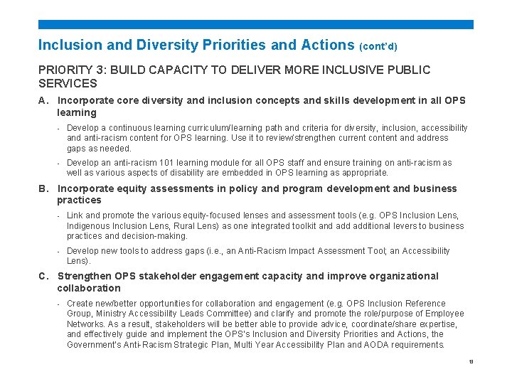 Inclusion and Diversity Priorities and Actions (cont’d) PRIORITY 3: BUILD CAPACITY TO DELIVER MORE