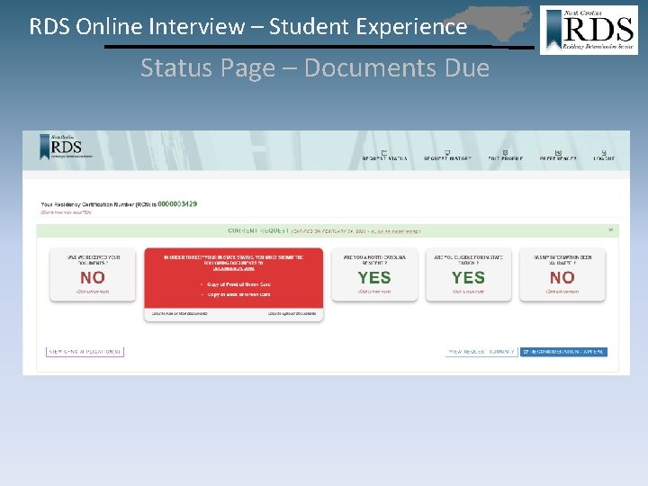 RDS Online Interview – Student Experience Status Page – Documents Due 