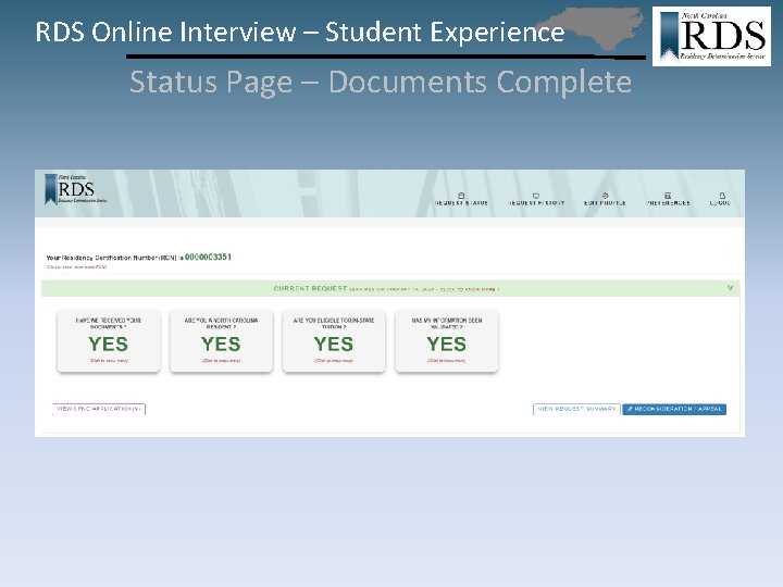 RDS Online Interview – Student Experience Status Page – Documents Complete 