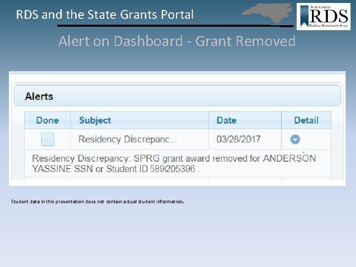 RDS and the State Grants Portal Alert on Dashboard - Grant Removed . Student