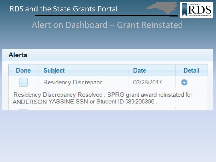 RDS and the State Grants Portal Alert on Dashboard – Grant Reinstated 