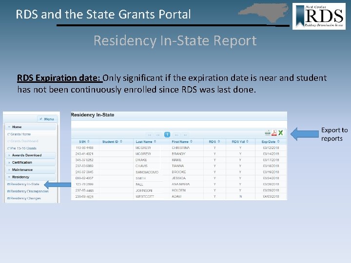 RDS and the State Grants Portal Residency In-State Report RDS Expiration date: Only significant