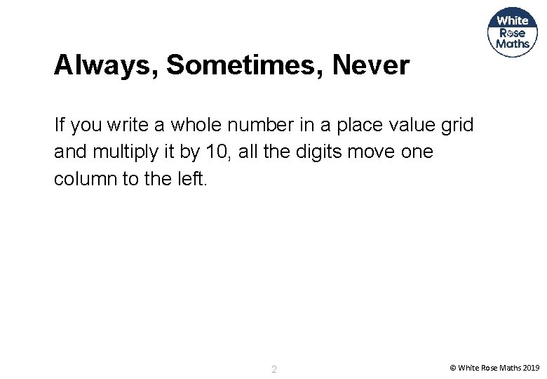 Always, Sometimes, Never If you write a whole number in a place value grid