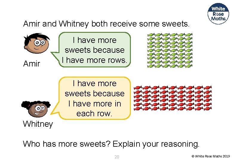 Amir and Whitney both receive some sweets. Amir I have more sweets because I
