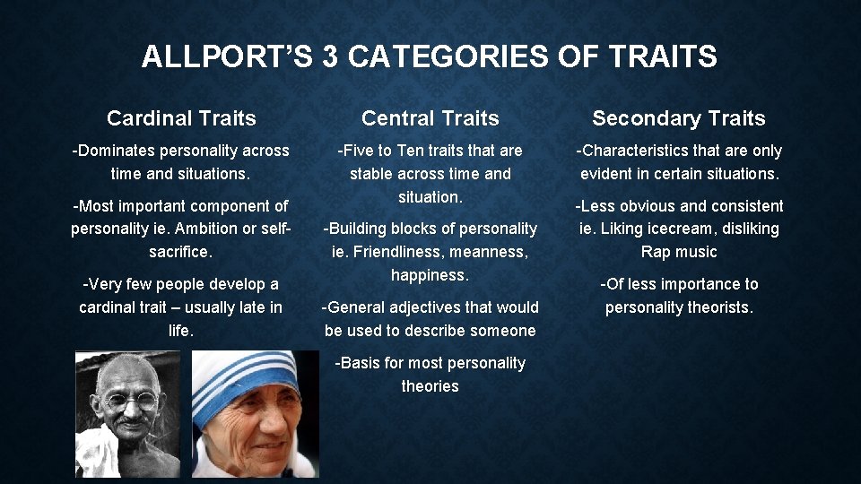 ALLPORT’S 3 CATEGORIES OF TRAITS Cardinal Traits Central Traits Secondary Traits -Dominates personality across