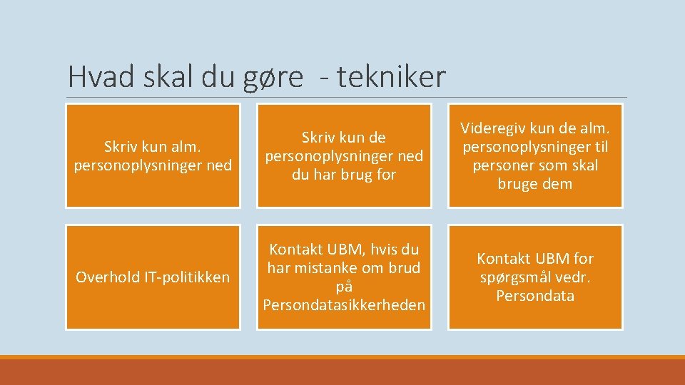 Hvad skal du gøre - tekniker Skriv kun alm. personoplysninger ned Skriv kun de