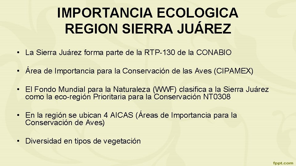 IMPORTANCIA ECOLOGICA REGION SIERRA JUÁREZ • La Sierra Juárez forma parte de la RTP-130