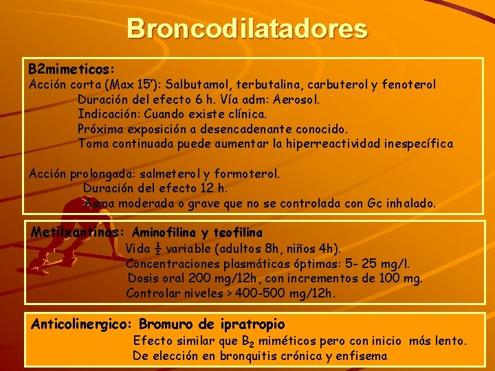 Broncodilatadores B 2 mimeticos: Acción corta (Max 15’): Salbutamol, terbutalina, carbuterol y fenoterol Duración