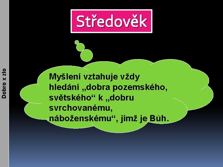 Dobro x zlo Středověk Myšlení vztahuje vždy hledání „dobra pozemského, světského“ k „dobru svrchovanému,