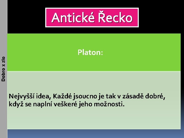 Dobro x zlo Antické Řecko Platon: • Nejvyšší idea, Každé jsoucno je tak v