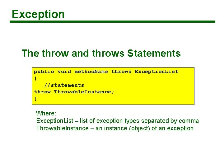 Exception The throw and throws Statements public void method. Name throws Exception. List {