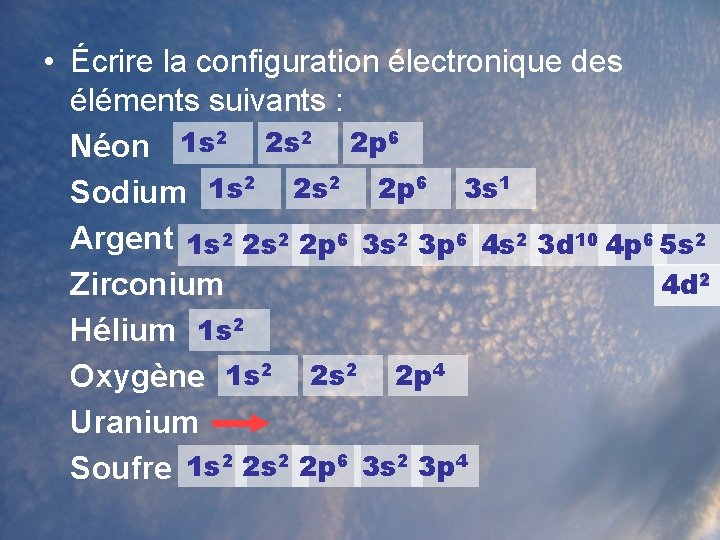 • Écrire la configuration électronique des éléments suivants : Néon 1 s 2 • Écrire la configuration électronique des éléments suivants : Néon 1 s 2