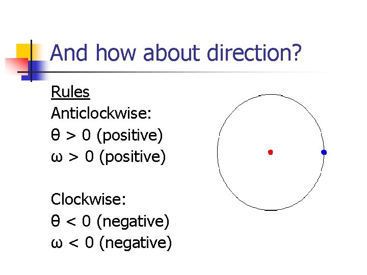 And how about direction? Rules Anticlockwise: θ > 0 (positive) ω > 0 (positive)