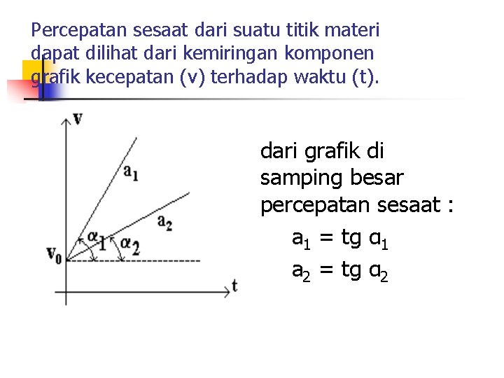 Percepatan sesaat dari suatu titik materi dapat dilihat dari kemiringan komponen grafik kecepatan (v)